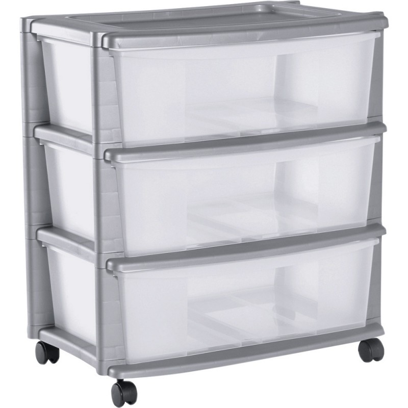 3 Drawer Plastic Wide Tower Storage Unit Silver Storage Units