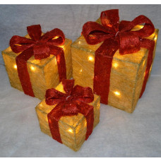 Premier 3 Piece Glitter Parcels With Bow & LED Lights - Gold & Red